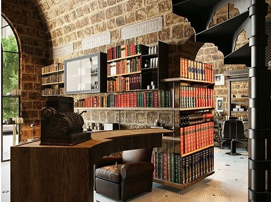 Décoration intérieure d'un barber shop avec des livres anciens reliés
